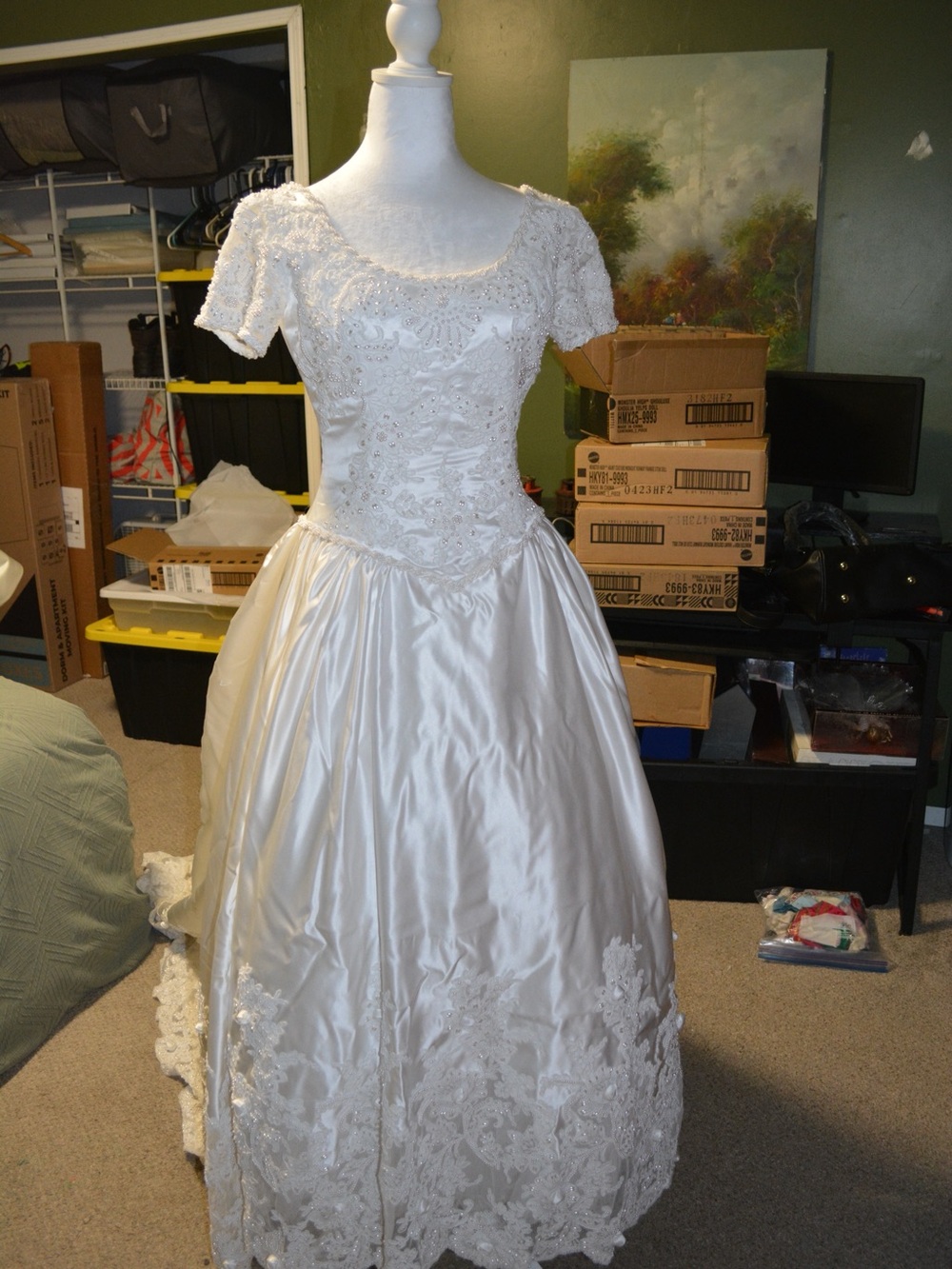 Classic Beaded Lace Wedding Dress with Short Sleeves